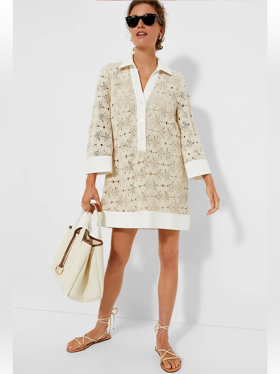 Tuckernuck Dresses & Skirts - TUCKERNUCK Women's Large Tan Lace Crochet Collier Shirt Dress
